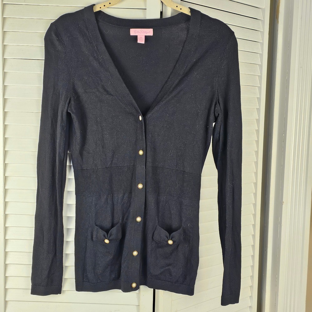 Lilly Pulitzer Womens Black Silk Cotton Blend V Neck Cardigan Sweater XS‎